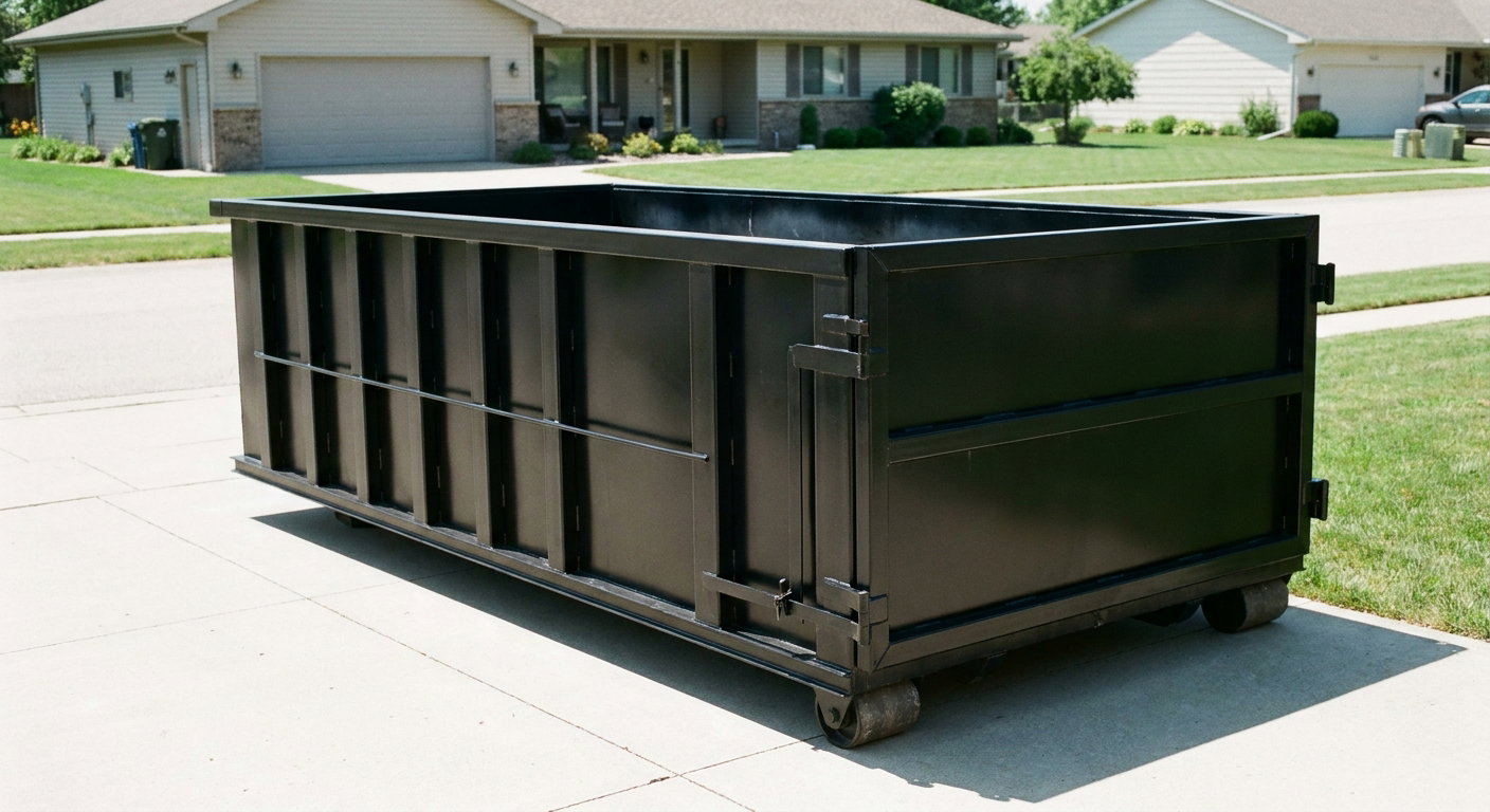Matte-black 10-yard roll-off dumpster on a residential concrete driveway in York, uniformly painted matte black across every panel and rail, ribbed steel sidewalls and rear swing door visible, mid-day daylight.