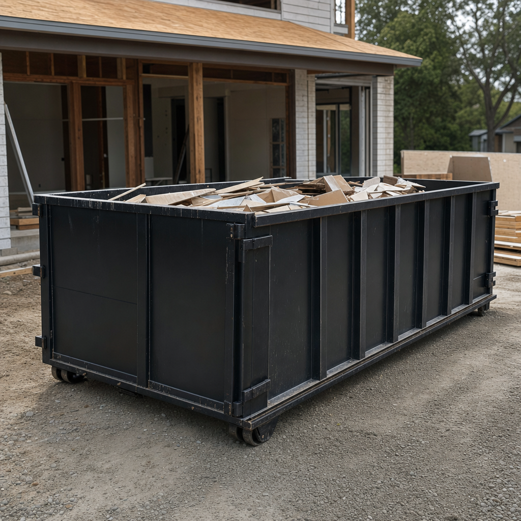 Large matte-black 30-yard construction roll-off dumpster at an active York jobsite, steel-gray top rails and bottom rollers visible, loaded with construction debris.