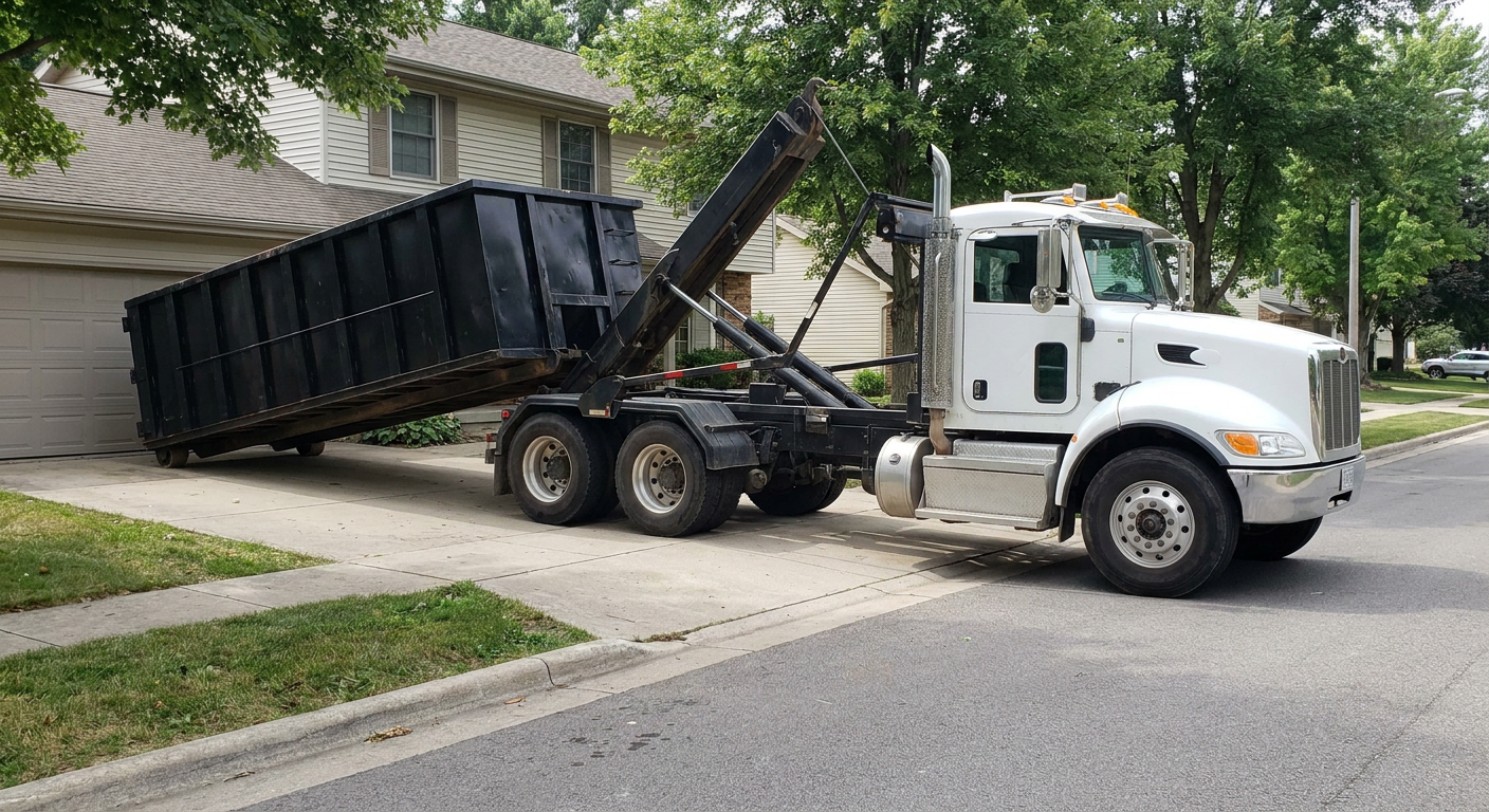 White-cab hooklift roll-off truck actively lowering a matte-black dumpster onto a York residential concrete driveway, the dumpster's rear wheels touching the driveway as the hoist arm tilts the bed forward, mid-morning daylight.