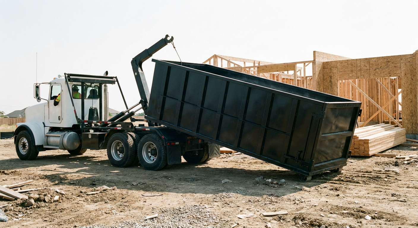 Matte-black roll-off dumpster being delivered onto a clean residential concrete driveway in York by an unmarked white hooklift hauler truck, bright morning daylight, documentary 35mm perspective.
